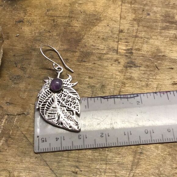 Earrings, Sterling Silver and Amethyst Leaf Earrings, NEW, 2.75”, Handmade - Picture 4 of 4